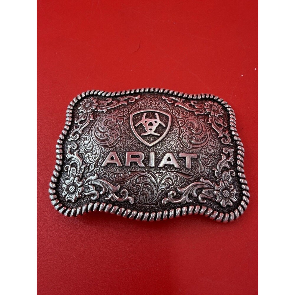 Ariat Scalloped Logo Silver Tone Western Rectangular Floral Swirl Belt Buckle